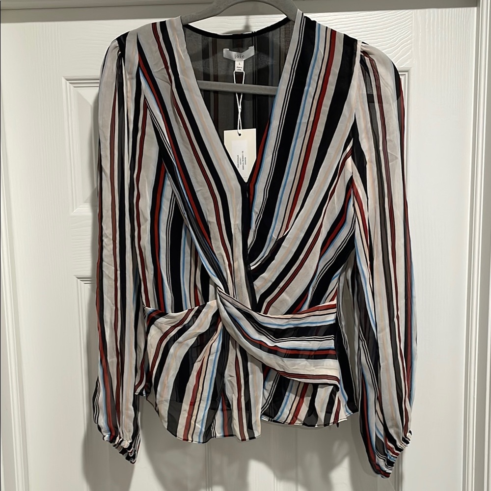 NEW | JOIE Mianna Striped V Neck Faux Wrap Long‎ Sleeve 100% Silk Blouse Small